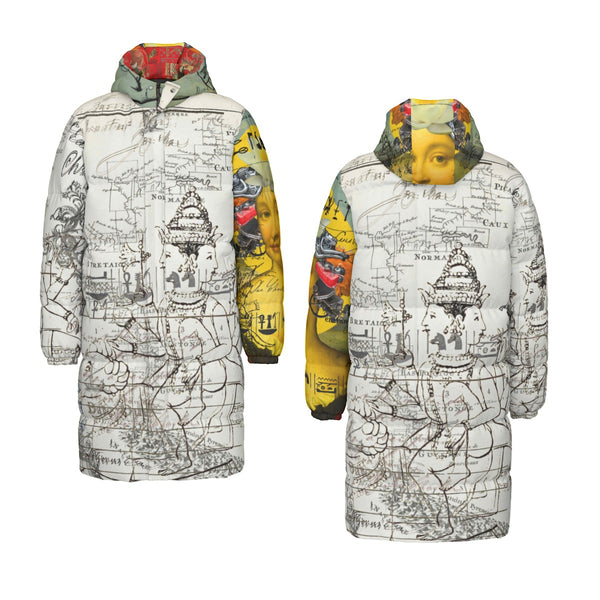 MAP AND SOME ILLUSTRATIONS X THE BORING HEADDRESS II II II ALT. FACE All-Over Print Unisex Long Down Jacket
