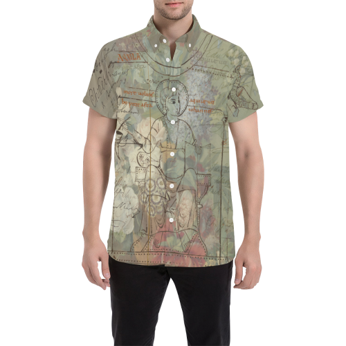 FLOWER PAINTING X MISC. ILLUSTRATIONS Men's All Over Print Short Sleeve Button Down Shirt
