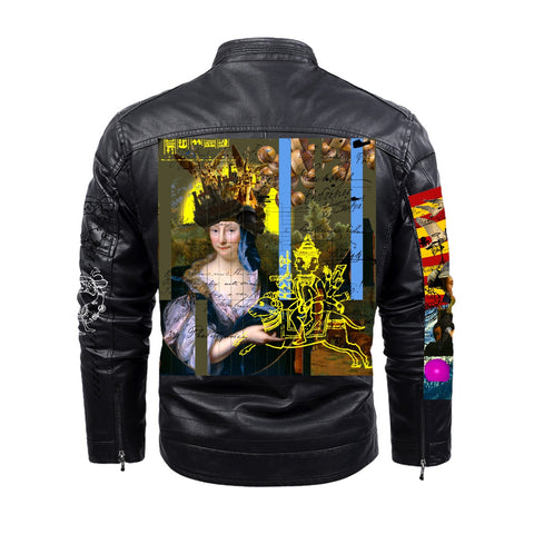 SUNRISE X THE TWO TWINS IN BLUE AND YELLOW V I Rubbery Faux Fur-Lined Printed Jacket