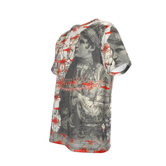 THE TWO WOMEN WITH COIN NECKLACES AND THE MANY SMALL RED LOBSTERS Unisex Velvet All Over Print Tee