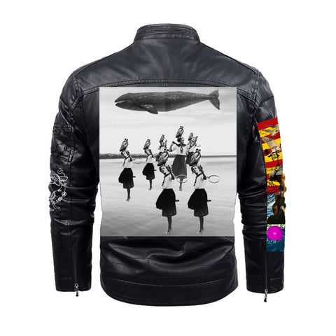 THE WHALE IN THE SKY WOMEN'S AND OWL'S TOURNAMENT X THE TWO TWINS IN BLUE AND YELLOW V I Rubbery Faux Fur-Lined Printed Jacket