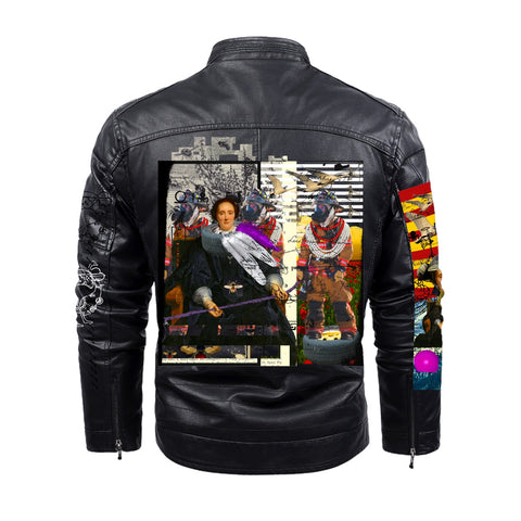 HERE, LET ME HELP YOU OUT WITH THAT II III X THE TWO TWINS IN BLUE AND YELLOW V I Rubbery Faux Fur-Lined Printed Jacket