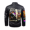 HERE, LET ME HELP YOU OUT WITH THAT II III X THE TWO TWINS IN BLUE AND YELLOW V I Rubbery Faux Fur-Lined Printed Jacket