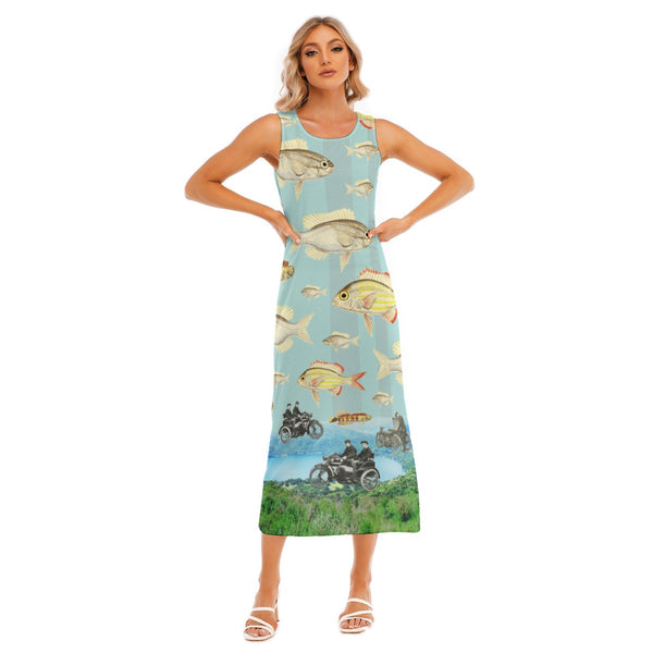 VINTAGE MOTORCYCLES AND COLORFUL FISH... IN THE MOUNTAINS All-Over Print Women's Sleeveless Long Dress