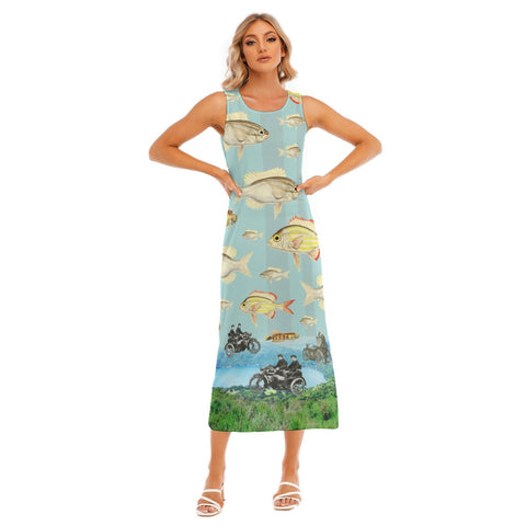 VINTAGE MOTORCYCLES AND COLORFUL FISH... IN THE MOUNTAINS All-Over Print Women's Sleeveless Long Dress