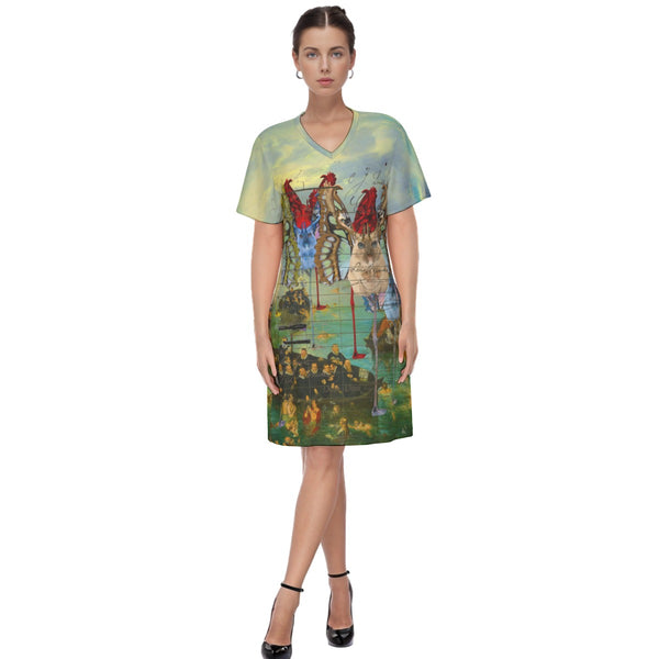 ANIMAL MIX CREATURES AND LOST SOULS AT SEA All Over Print Cotton V Neck Tee Dress