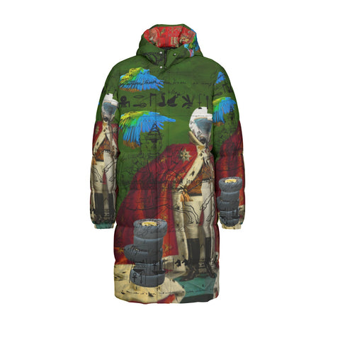 THE DISTORTED KING, THE DISTORTED COLORFUL PARROTS AND THEIR DISTORTED TREASURE OF SPARE TIRES II All-Over Print Unisex Long Down Jacket