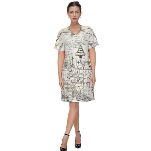 MAP AND SOME ILLUSTRATIONS All Over Print Cotton V Neck Tee Dress