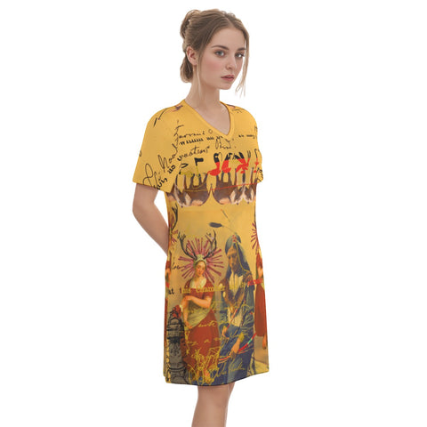 THE OLD PHOTO I All Over Print Cotton V Neck Tee Dress