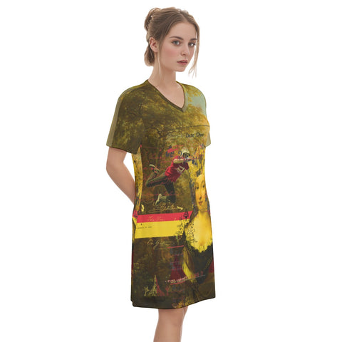 IT'S ALL ABOUT THE YELLOW FLOWER HEADDRESS All Over Print Cotton V Neck Tee Dress