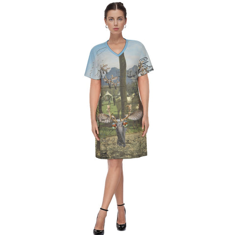 ANIMAL MIX - A SURPRISE AT THE RACES II All Over Print Cotton V Neck Tee Dress