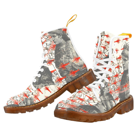 THE TWO WOMEN WITH COIN NECKLACES AND THE MANY SMALL RED LOBSTERS Women's All Over Print Fabric High Boots