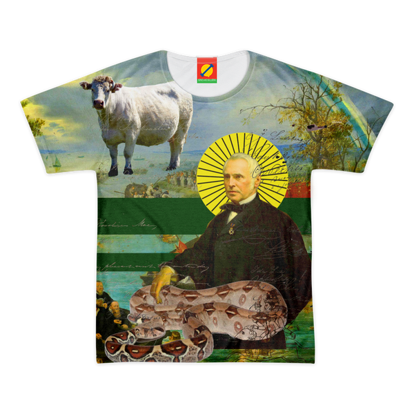 THE SAINT, HIS SNAKE AND HIS COW HAVE COME TO SAVE YOUR SOUL! Women's All Over Print Tee