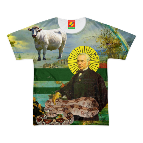 THE SAINT, HIS SNAKE AND HIS COW HAVE COME TO SAVE YOUR SOUL! Men's All Over Print Tee
