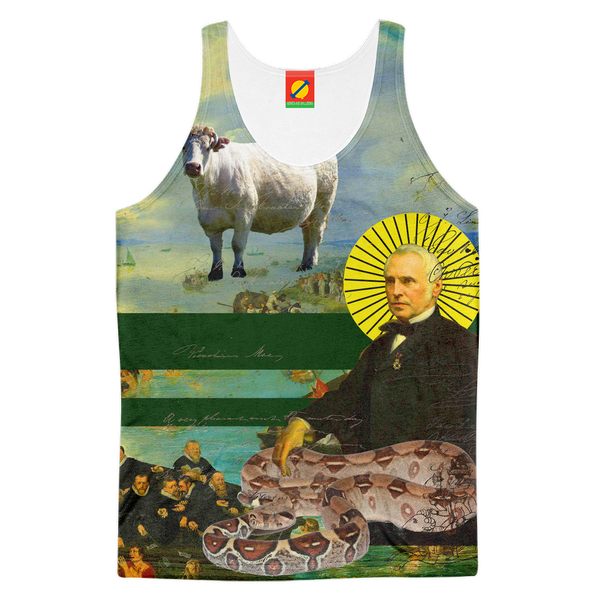 THE SAINT, HIS SNAKE AND HIS COW HAVE COME TO SAVE YOUR SOUL! Men's All Over Print Tank Top