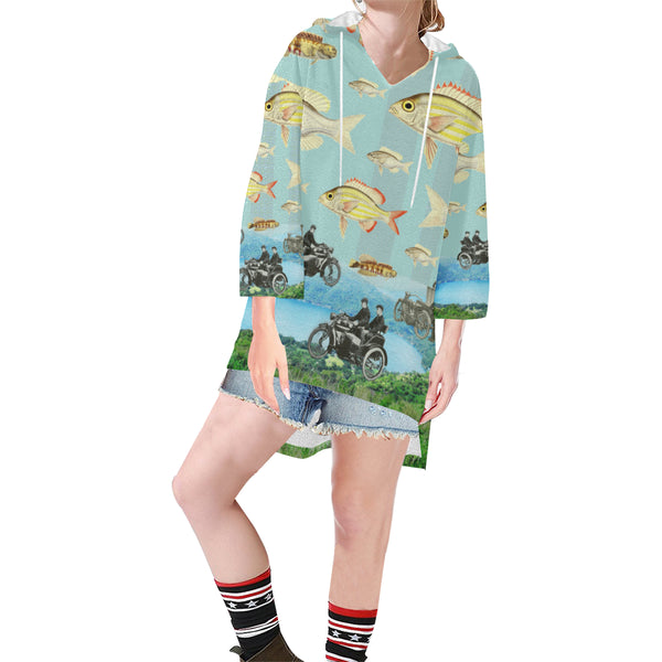 VINTAGE MOTORCYCLES AND COLORFUL FISH... IN THE MOUNTAINS Unisex Step Hem Tunic Hoodie