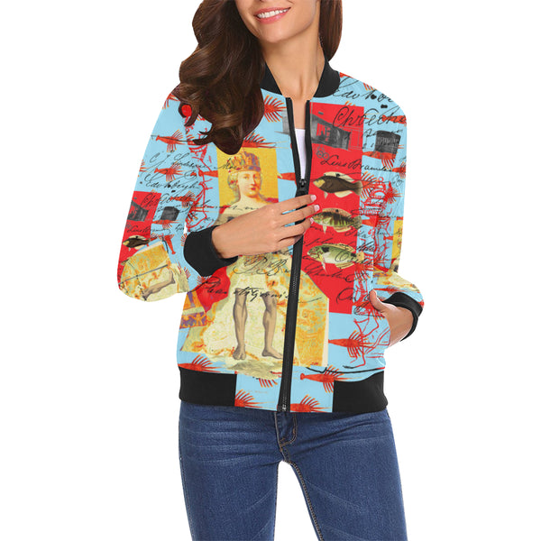 THE SHOWY PLANE HUNTER AND FISH IV All Over Print Bomber Jacket for Women