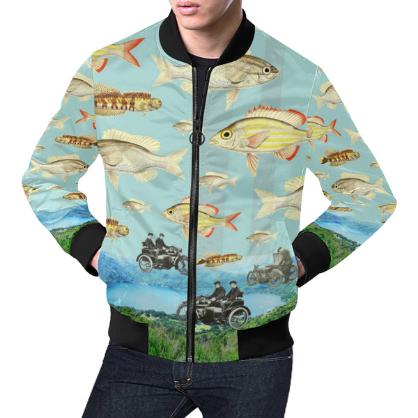 VINTAGE MOTORCYCLES AND COLORFUL FISH... IN THE MOUNTAINS All Over Print Bomber Jacket for Men