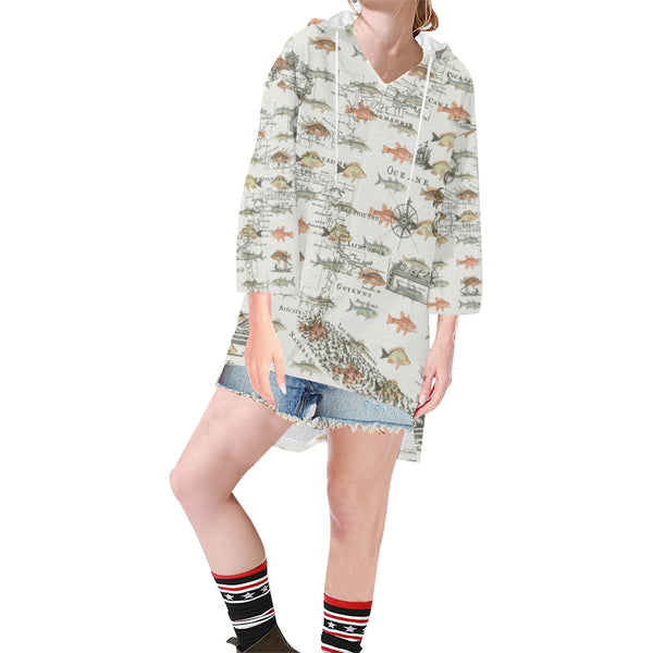 FISH AND A NAUTICAL MAP Unisex Step Hem Tunic Hoodie