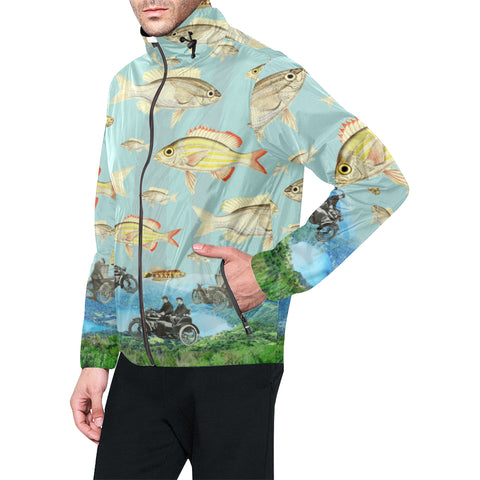 VINTAGE MOTORCYCLES AND COLORFUL FISH... IN THE MOUNTAINS All Over Print Windbreaker
